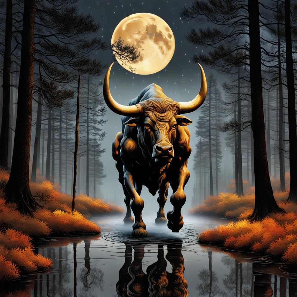 Minotaur in Forest Under Moonlit Sky