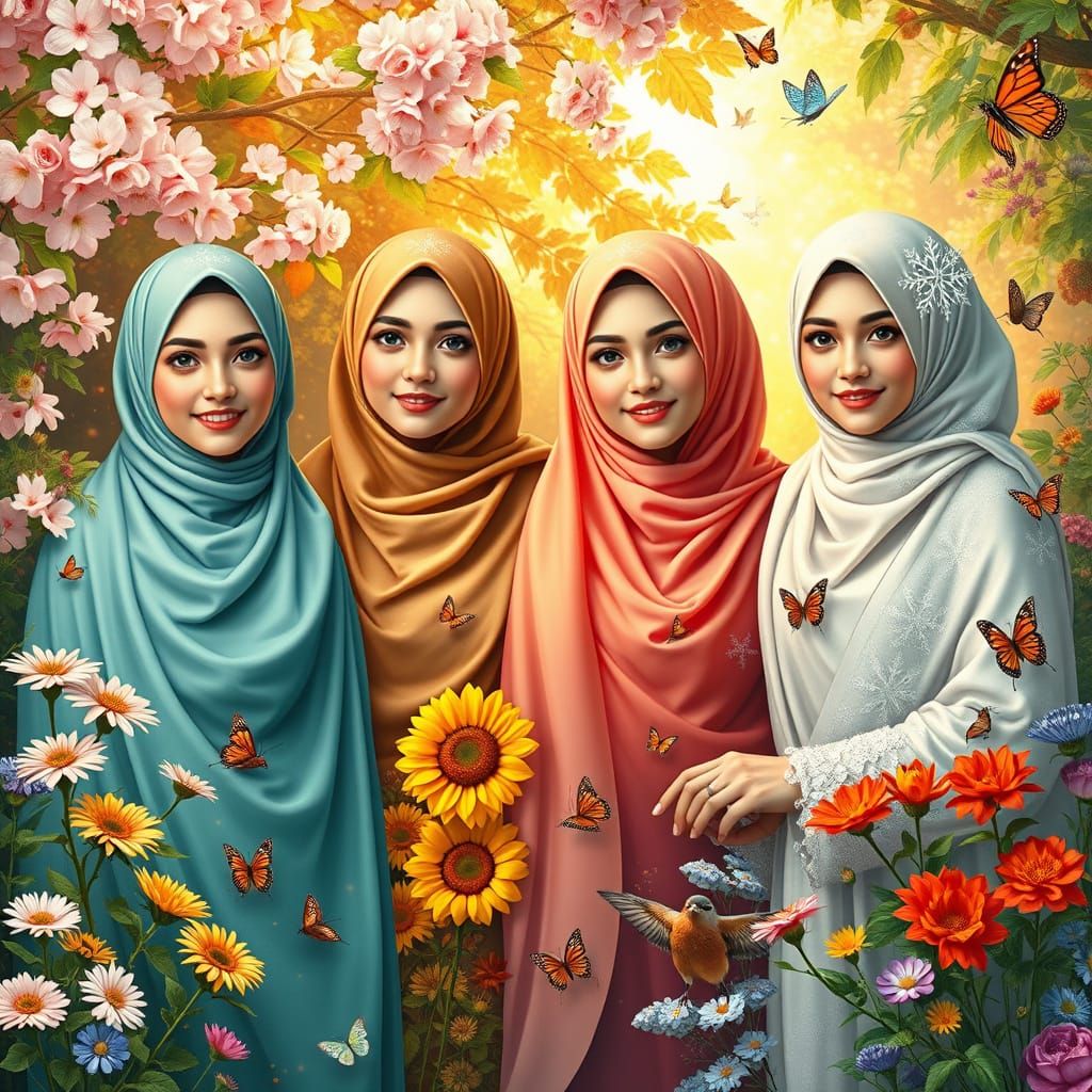 Four beautiful hijabi sisters in a lush, vibrant garden.