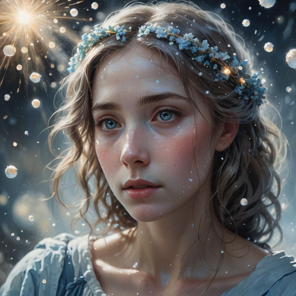 Introspective Woman Surrounded by Glowing Orbs