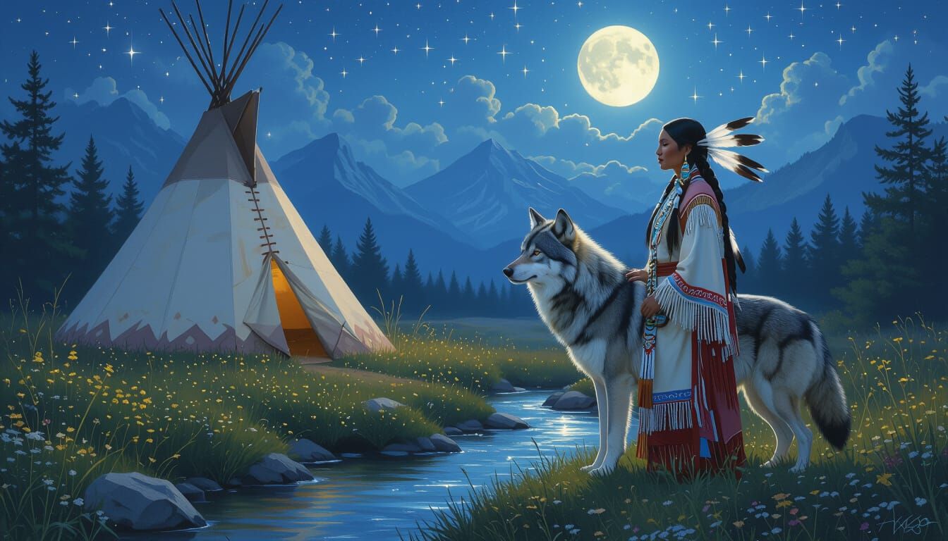 Native American Woman and Wolf by Teepee Under Starry Sky