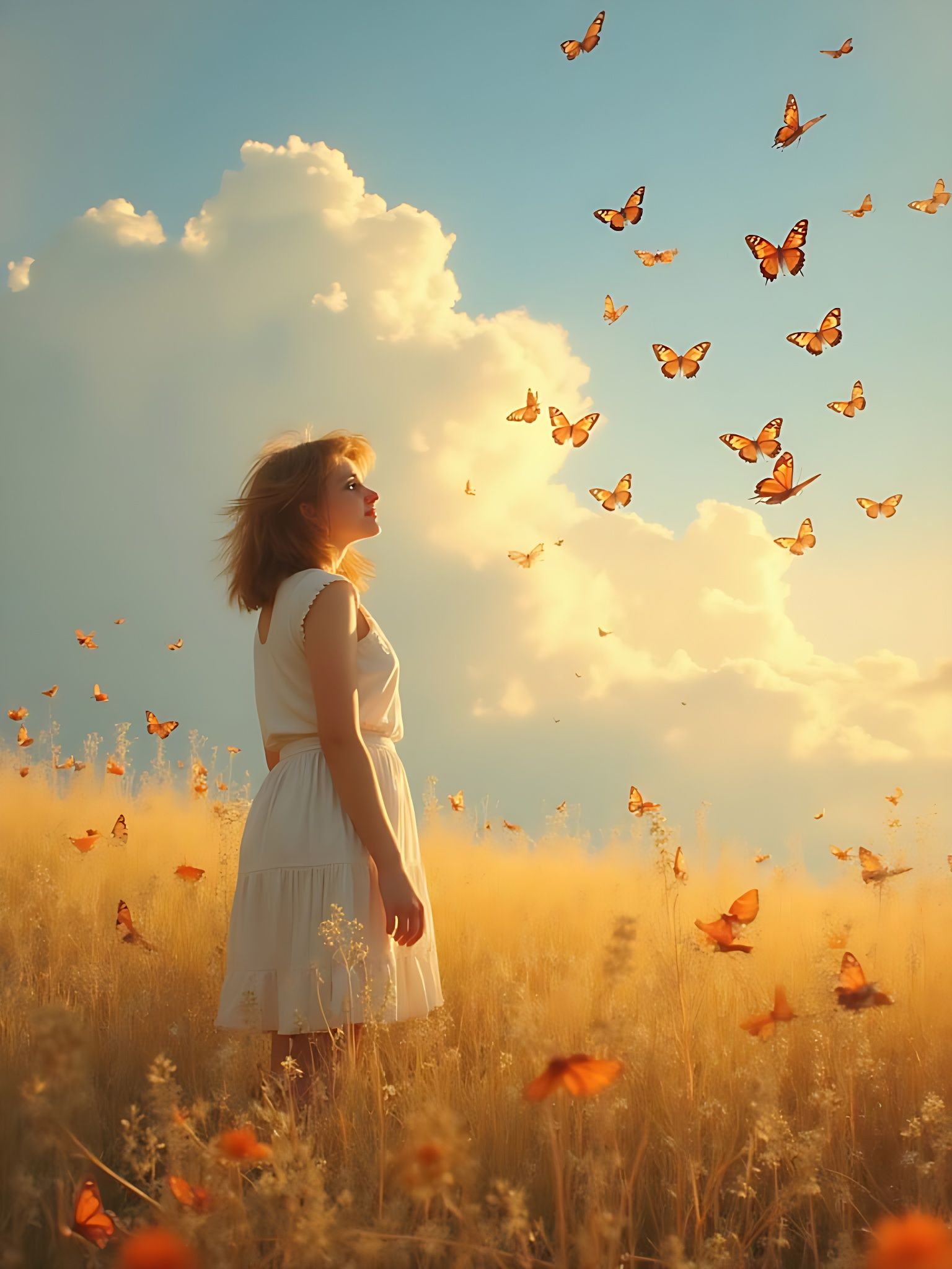 Woman Surrounded by Monarch Butterflies in a Sunny Field