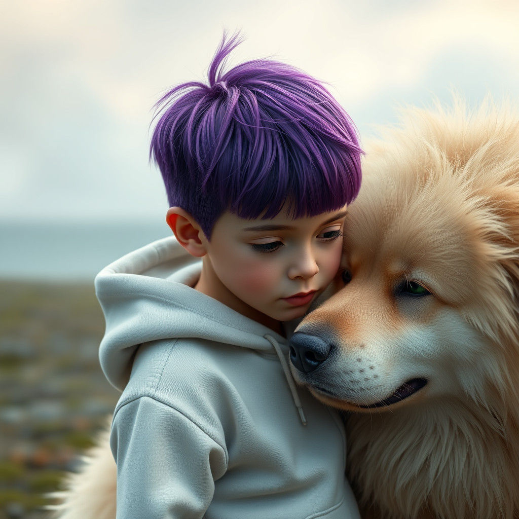 Boy with Purple Hair and Giant Dog