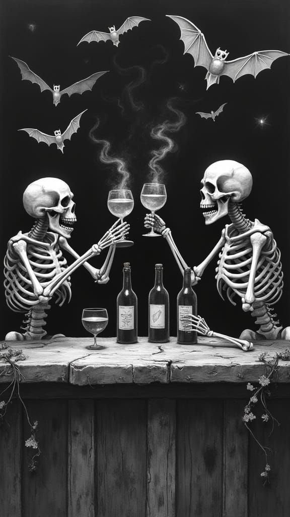 Skeletal Toast: A Gothic Celebration in Monochrome