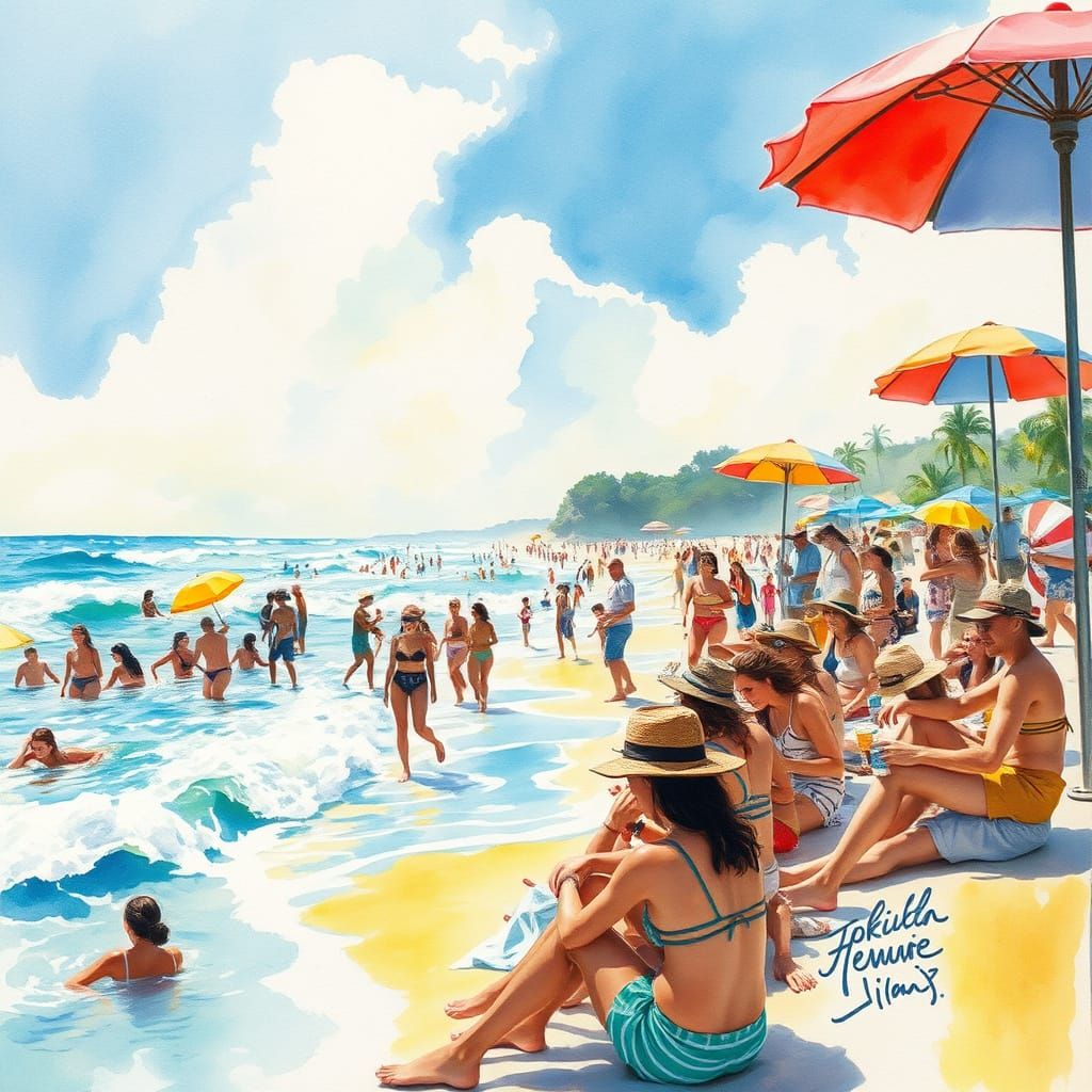 Vibrant Watercolor Beach Scene with Joyful People