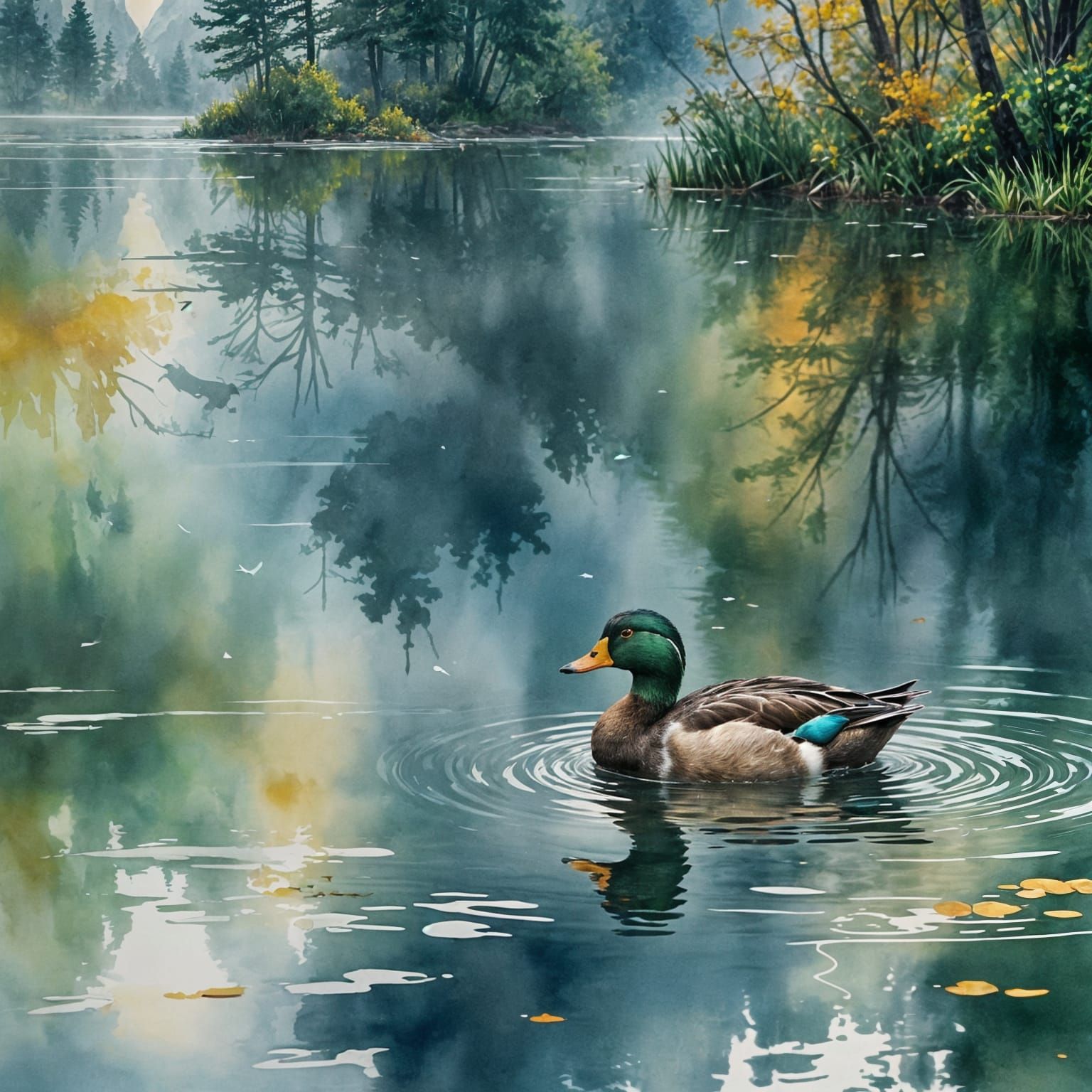 Meditative Duck in Lake: Alcohol Ink Illustration
