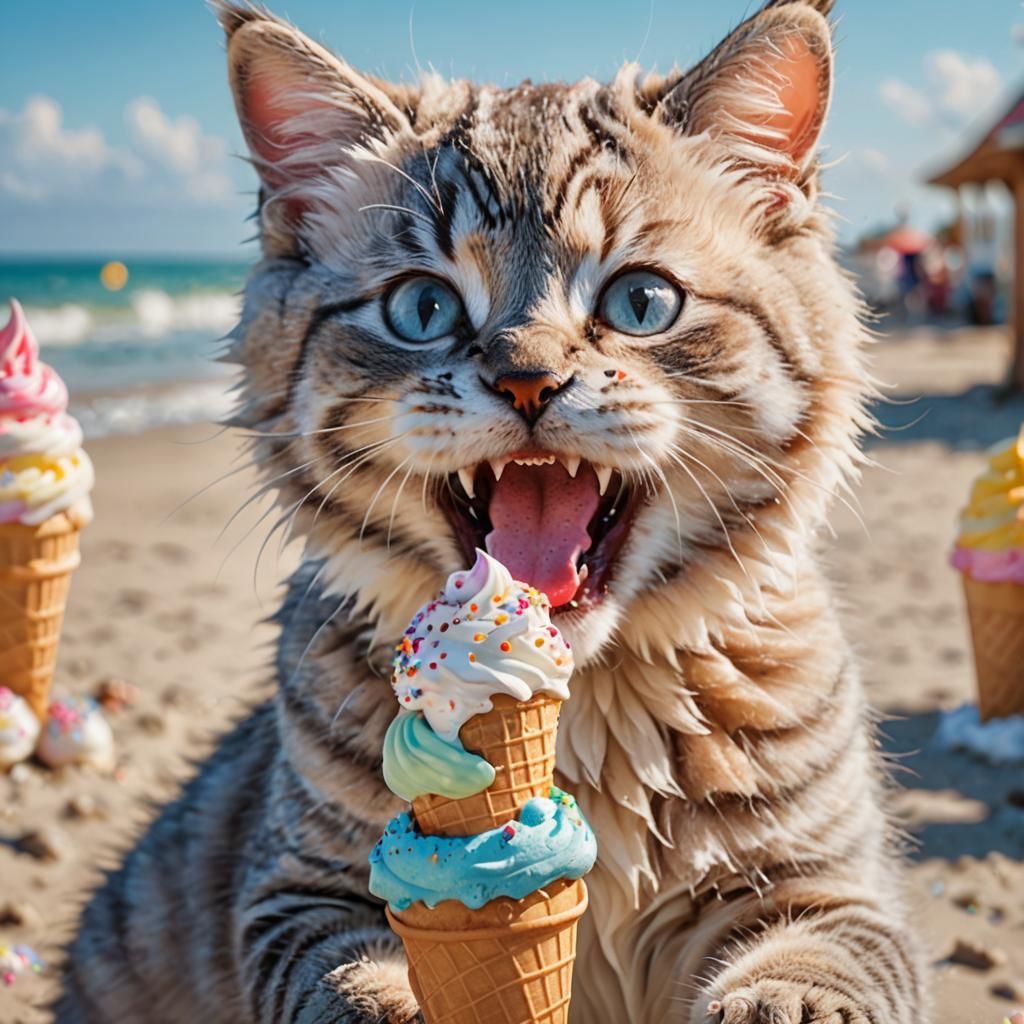 Cute Kitty Licking Ice Cream in Pastel Colors