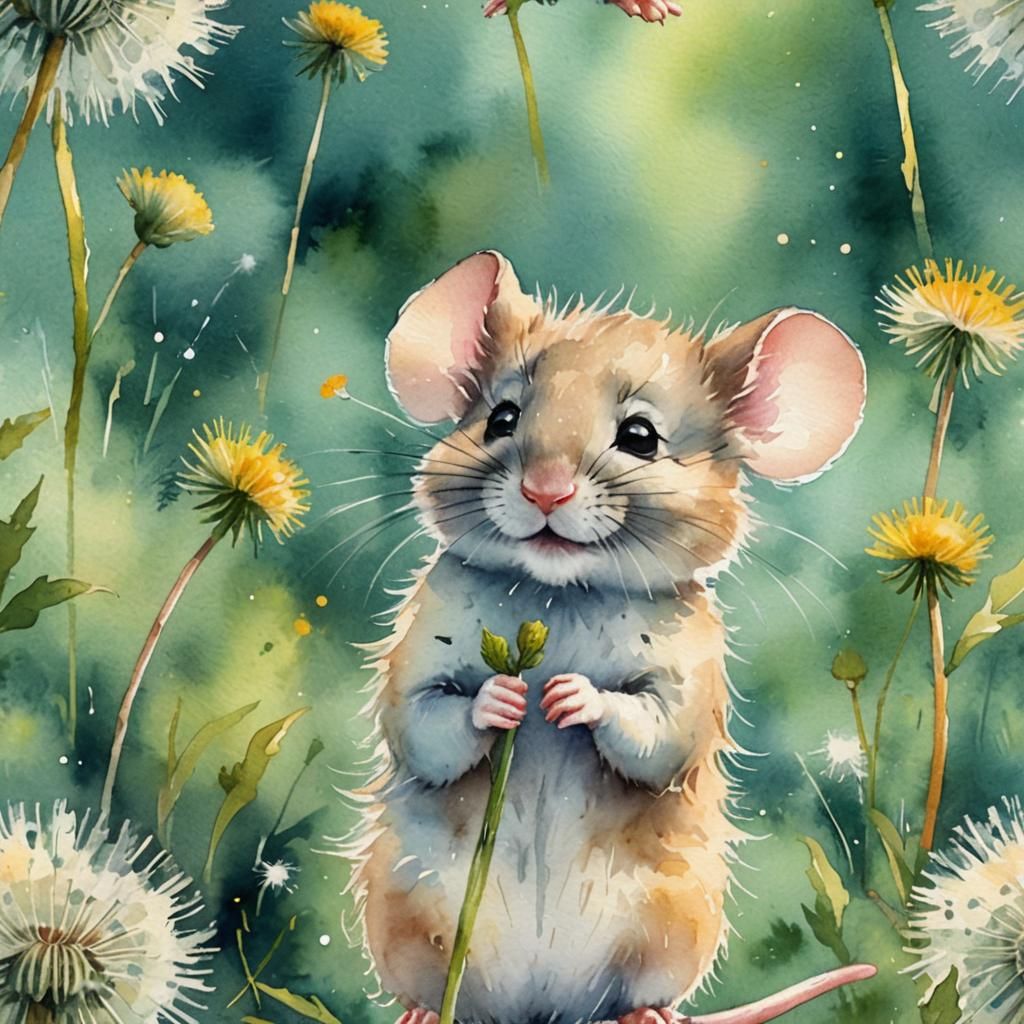 Fluffy Mouse Holding Dandelion in Watercolor