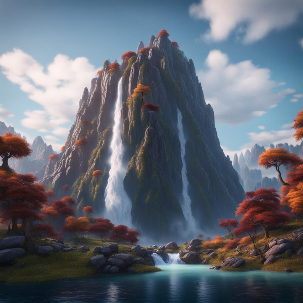 Mountain Waterfall in Detailed Matte Painting Style