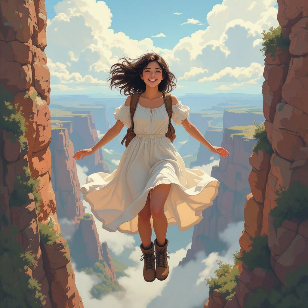 Woman Falling Through the Sky in Anime Style