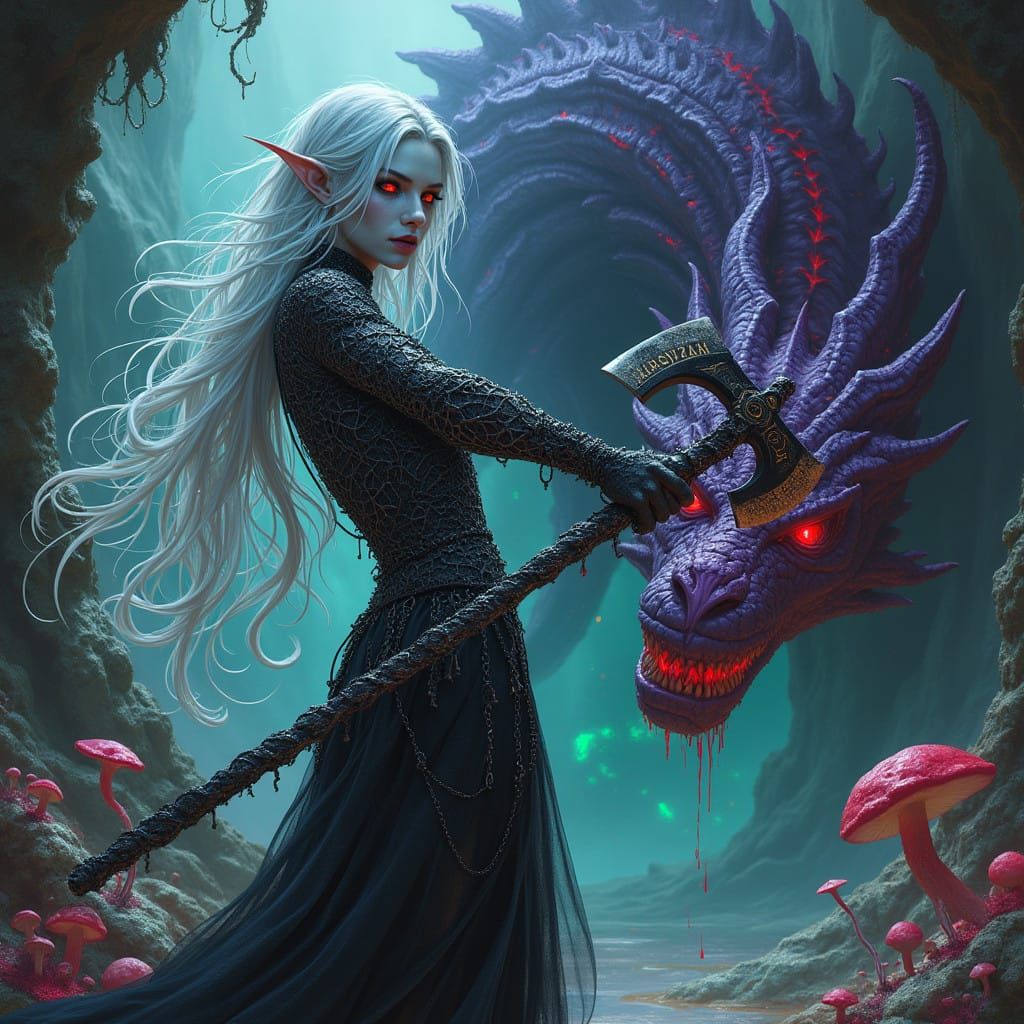 A dark gray-skinned female Drow, with porcelain-like skin, H...