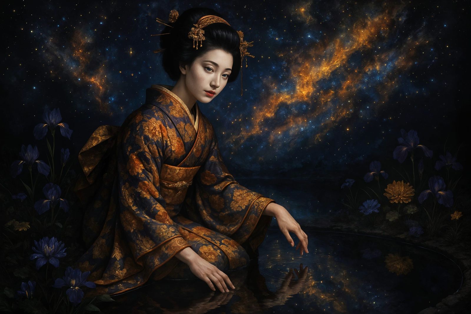 Geisha Reflecting Cosmic Wonders in Dark Fantasy Style