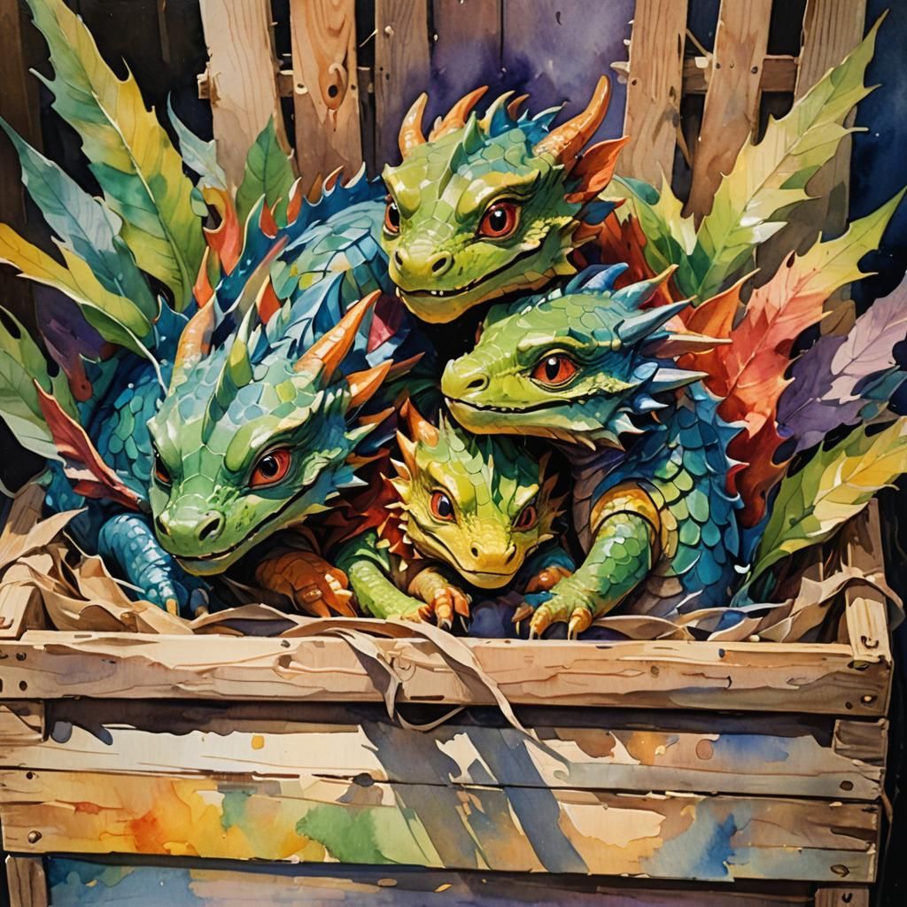 Baby Dragons Sleeping: Gouache Impressionist Painting