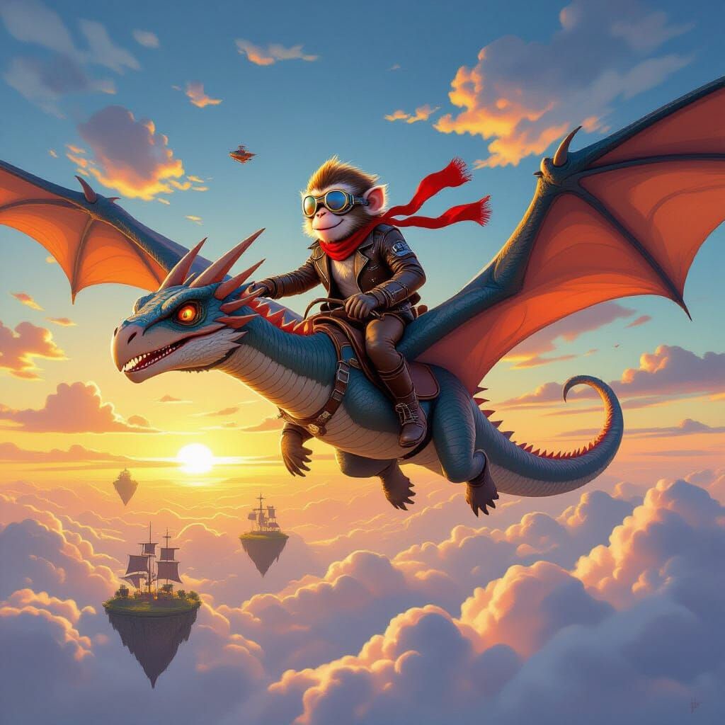 Monkey Rides Dragon-Pteranodon Above Clouds in Fantasy Art