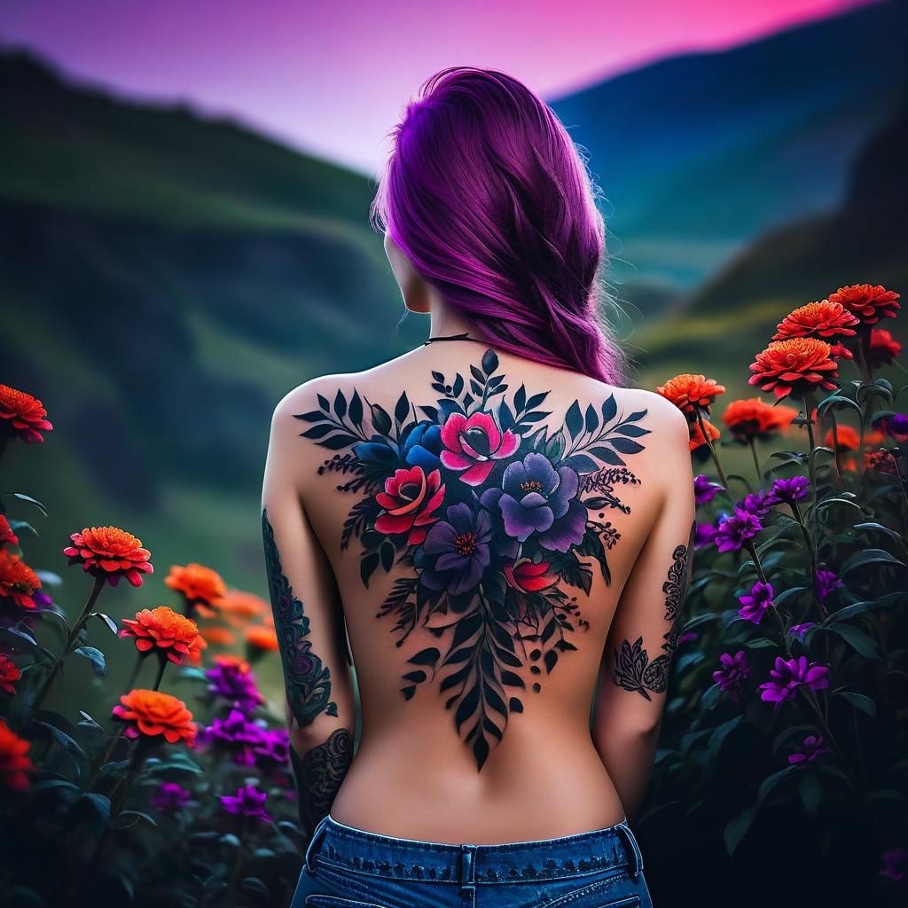 Girl with Floral Tattoo in Dark Fantasy Landscape
