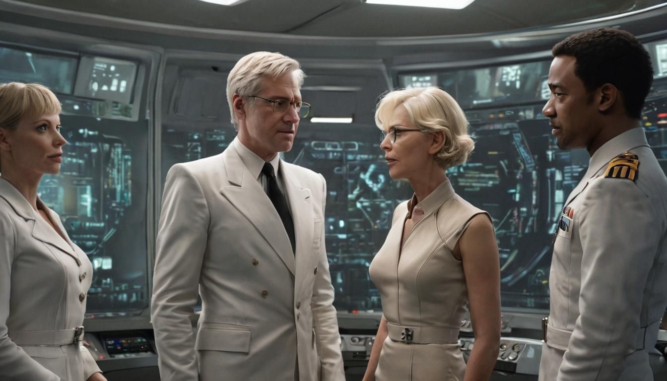 Retro-Futuristic Actors Discuss in Sci-Fi Control Room