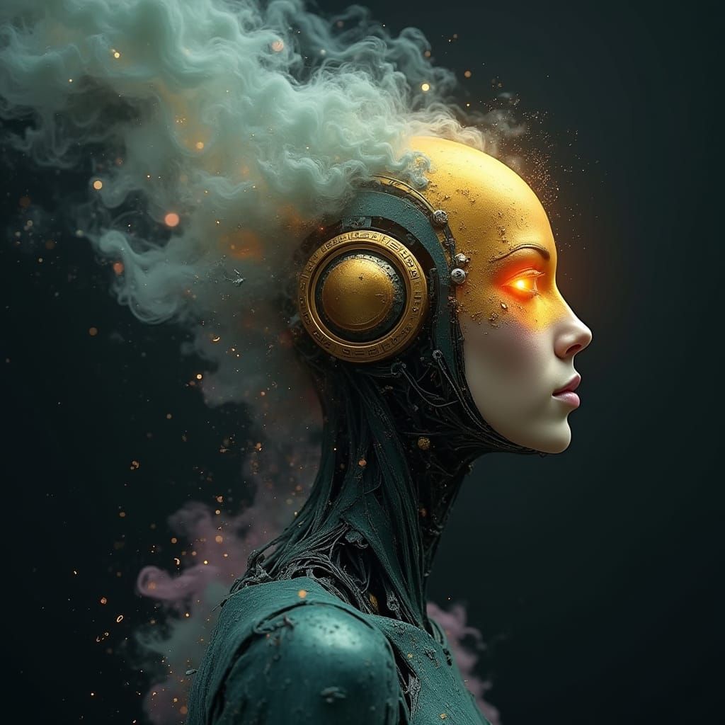 Robotic Figure Dissolving into Colorful Smoke, Digital Art