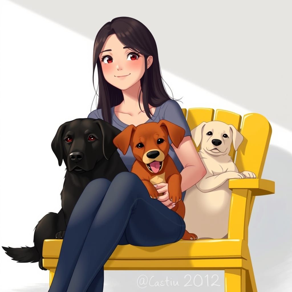 Whimsical Studio Ghibli-Inspired Woman with Canine Companion...