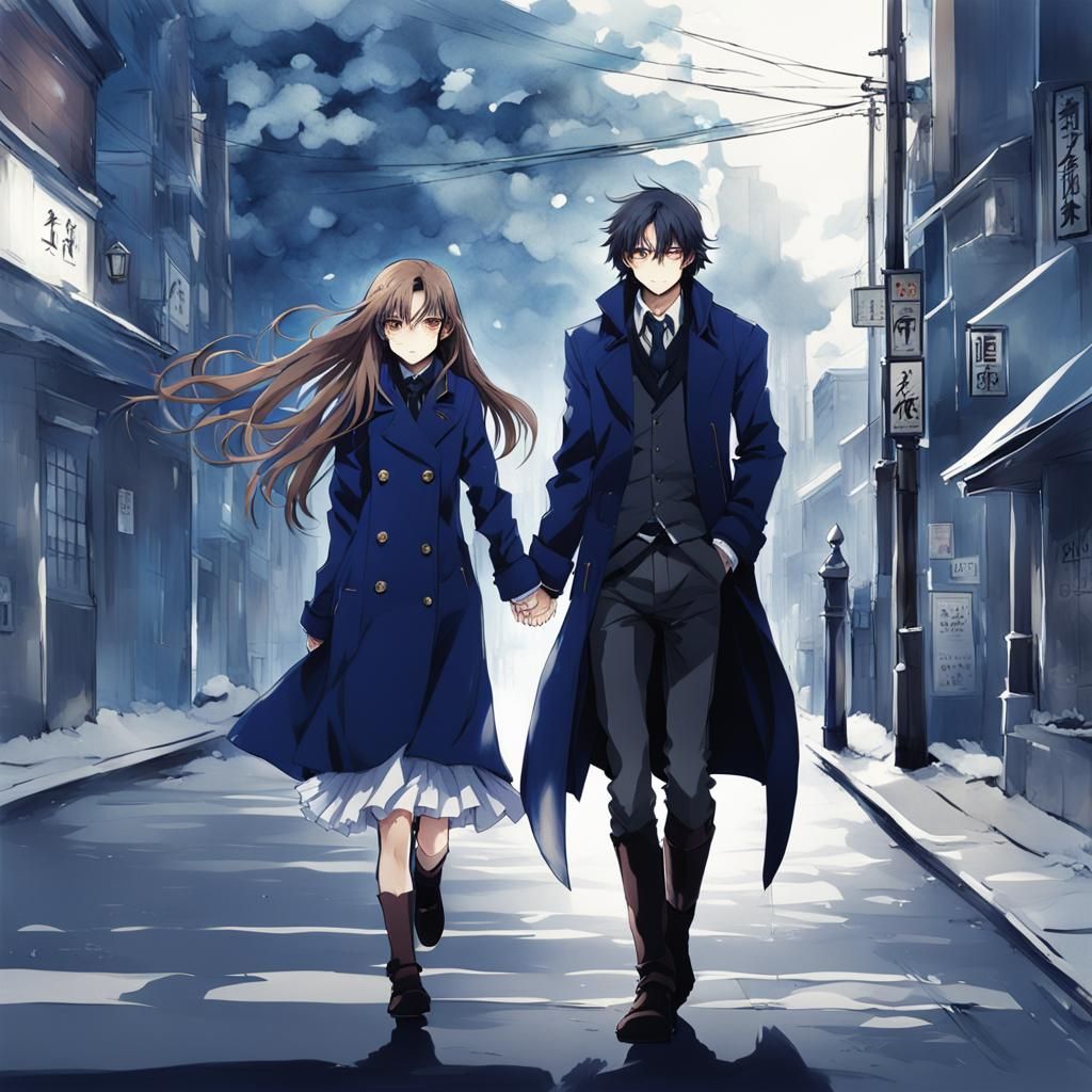 Anime Style: Young Couple on City Street