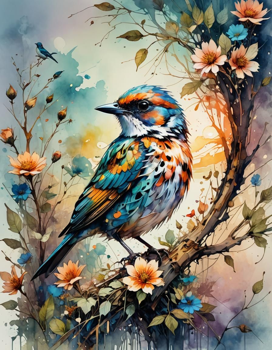 Bird Portrait in Digital Watercolor Illustration Style