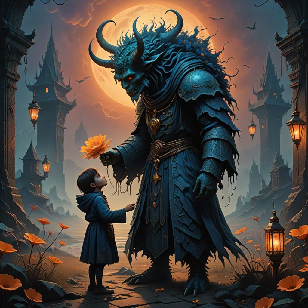 Child Offers Demon a Glowing Flower in Dreamlike Twilight Re...