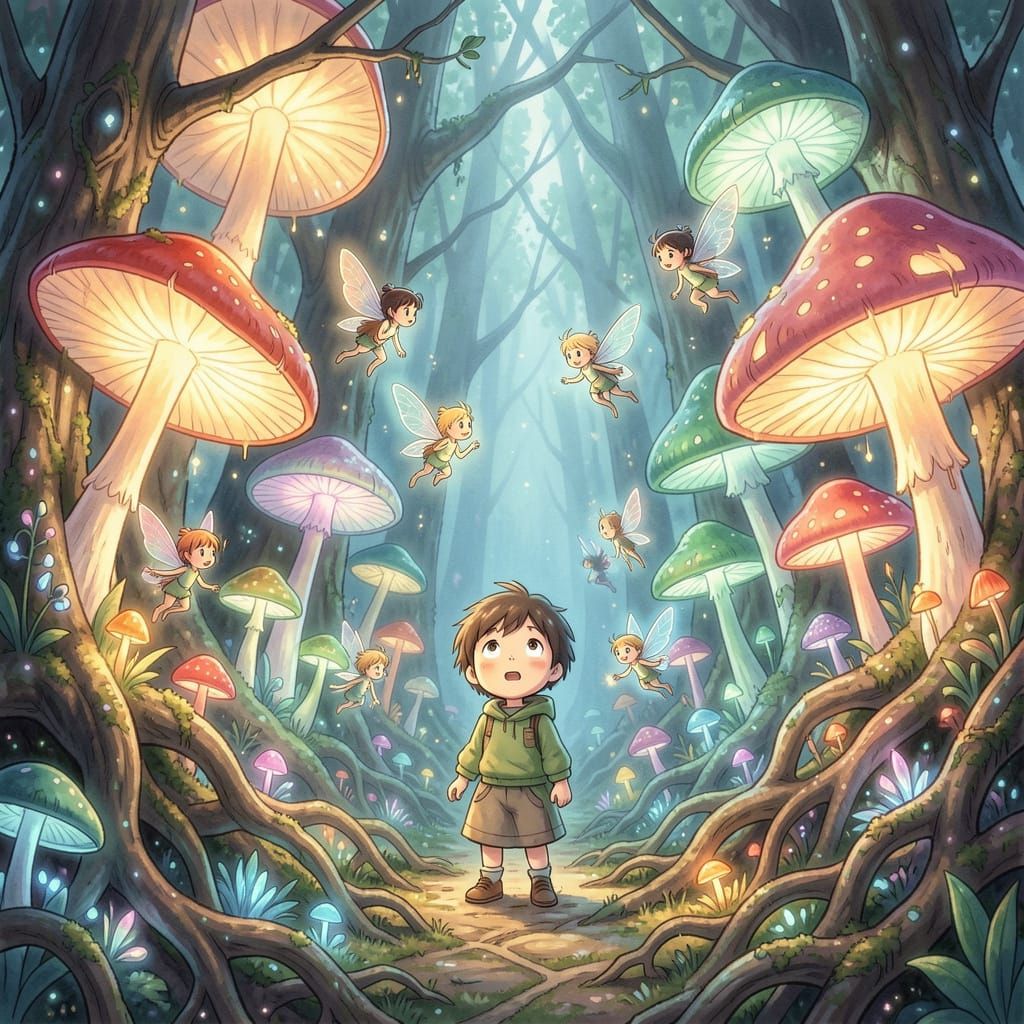 Enchanted Forest with Glowing Fungi and Sprites