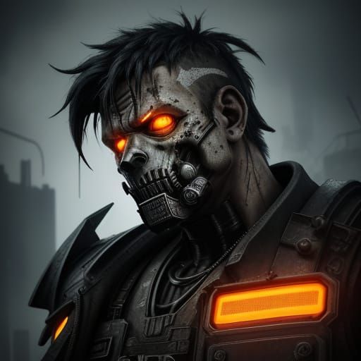 Cyberpunk Undead Figure in Grimy Industrial Landscape