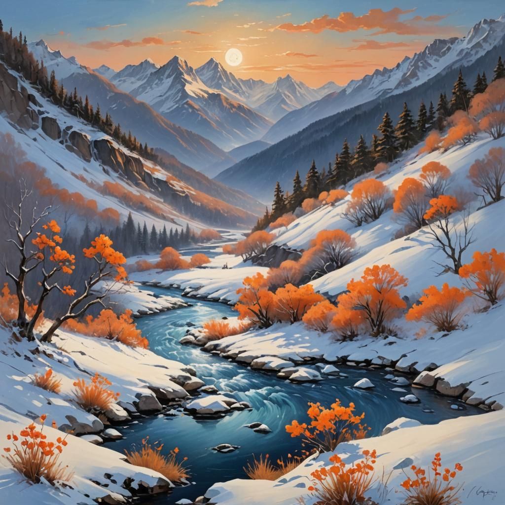Majestic Winter Landscape with Blue Stream