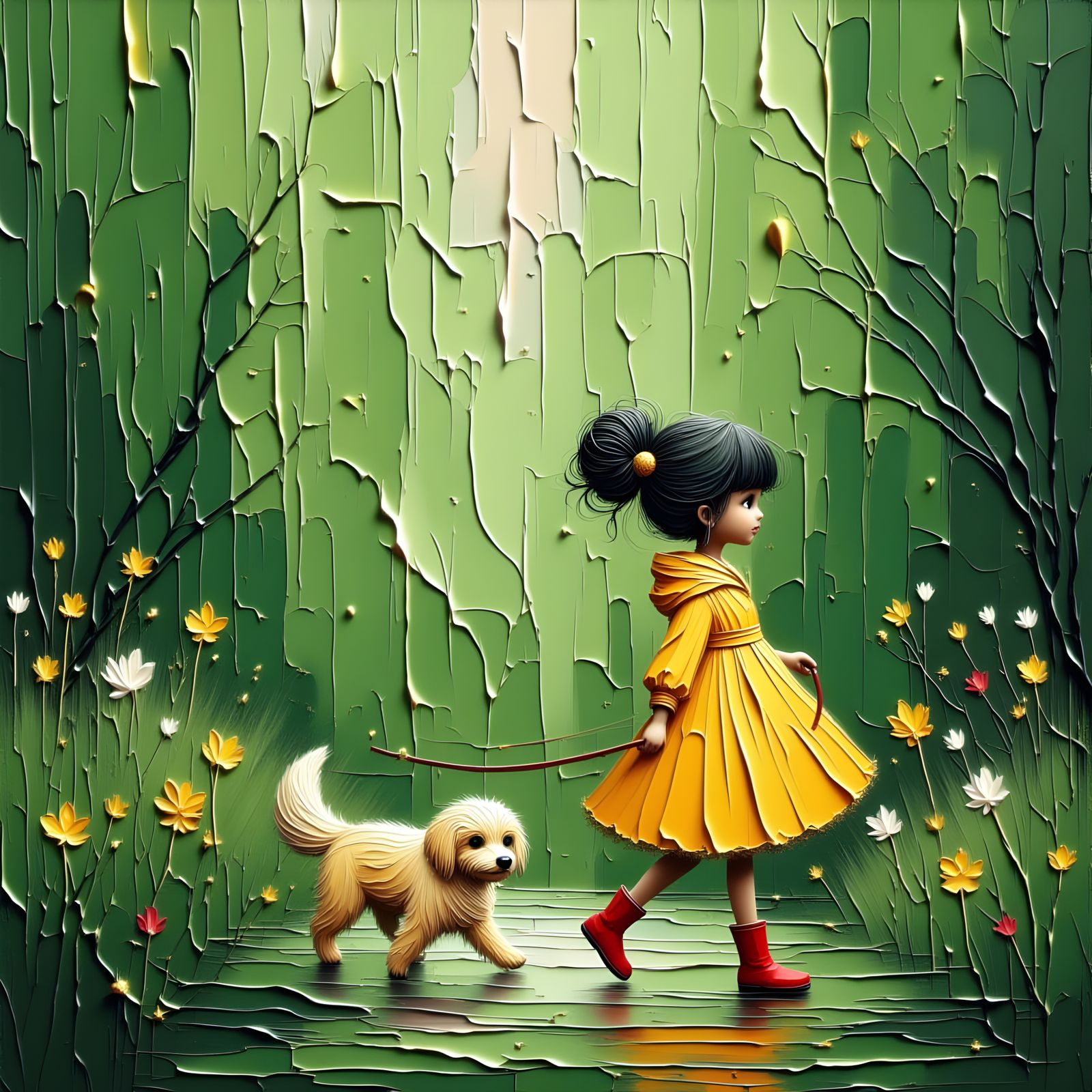 Girl and Dog Walk in Rainy Park
