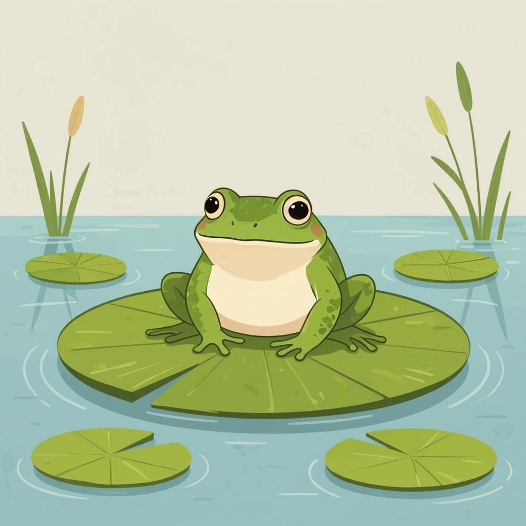 Serene Frog on Lily Pad in Flat 2D Style