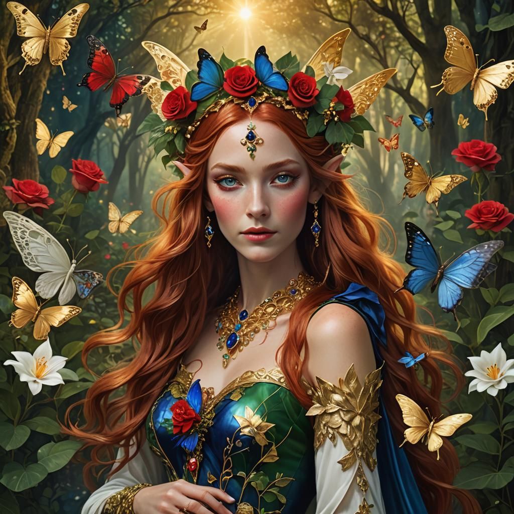Elven Woman with Butterfly Wings in Mystical Forest