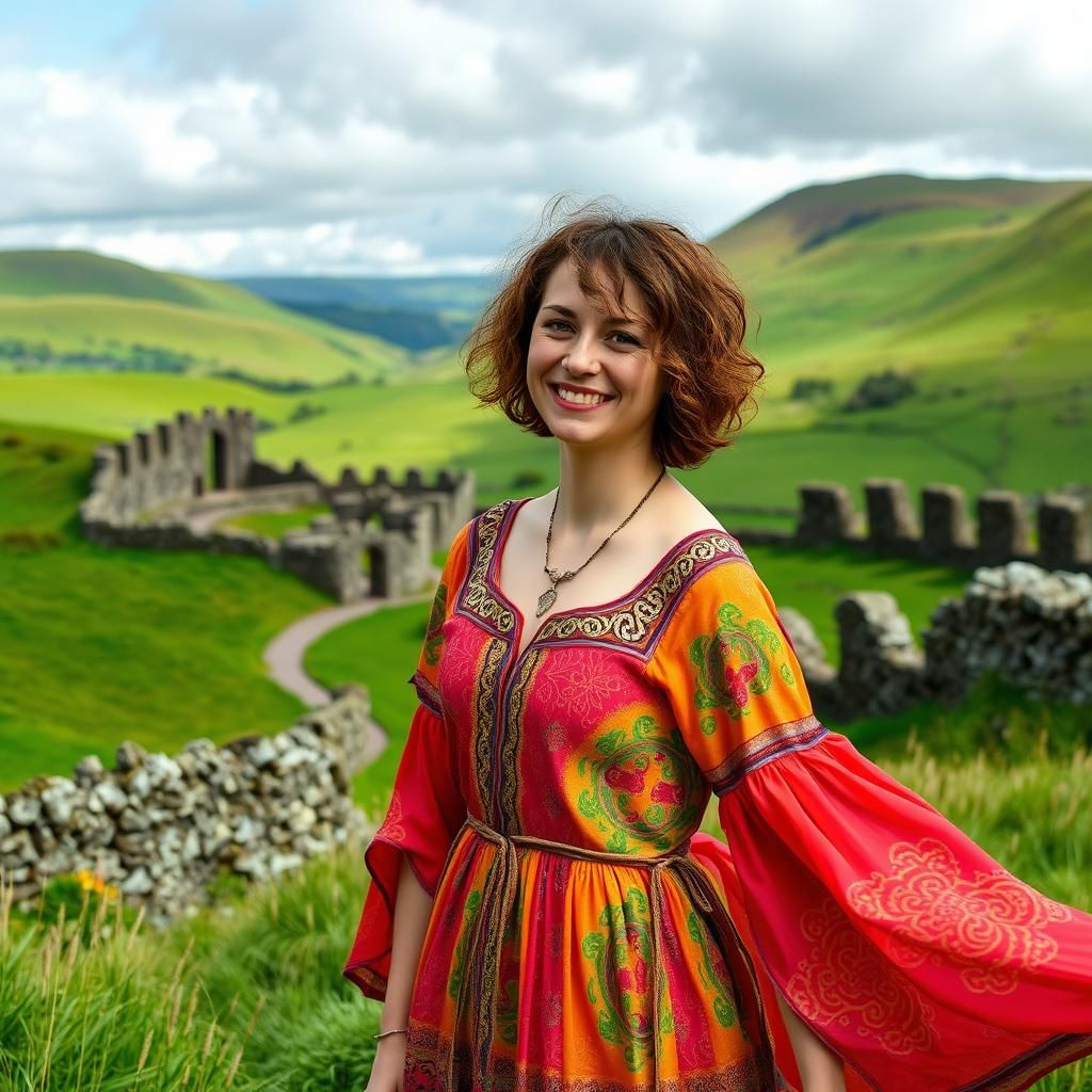Irish Woman in Celtic Dress Amidst Rolling Hills