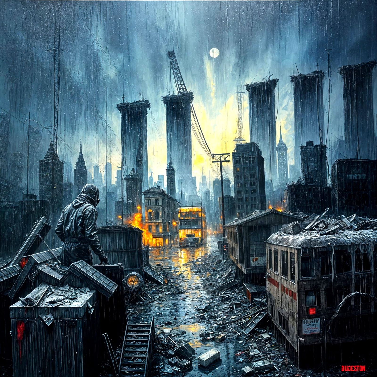 Dystopian Cityscape in Dark, Impasto Oil Painting Style