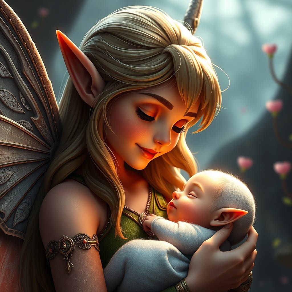 Elf Mother Gazes Lovingly at Newborn in Magical Fantasy Scen...
