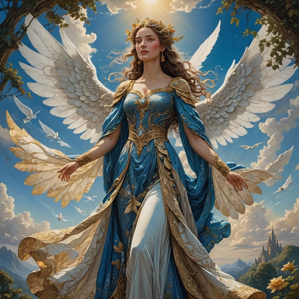 Regal Woman with Wings in Fantasy Landscape