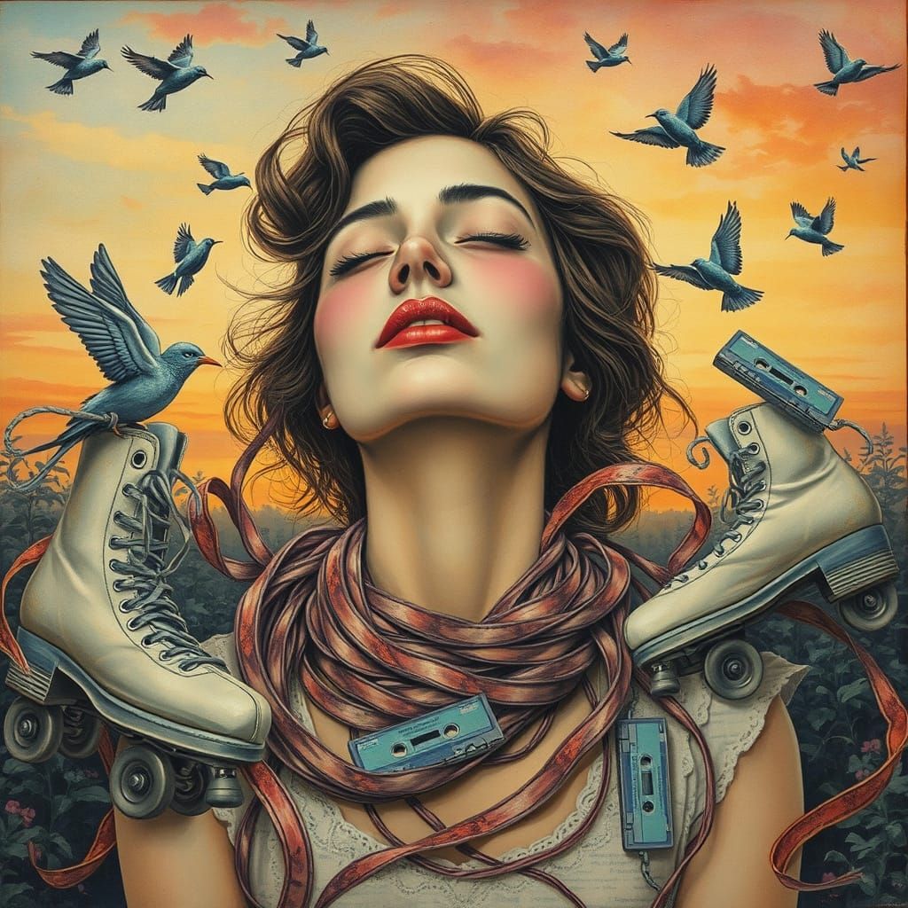 Dreamlike 1970s collage in soft sunset hues, vintage wallpap...