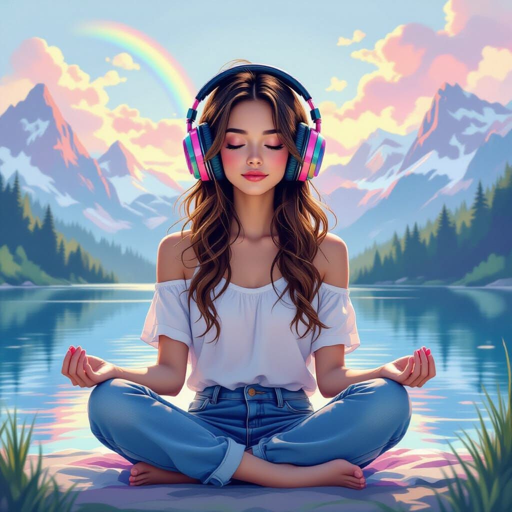 Girl in Headphones in Dreamy Rainbow Mountains