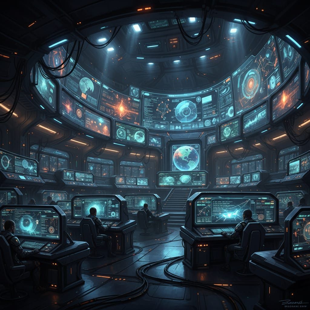 Futuristic Control Center with Glowing Displays