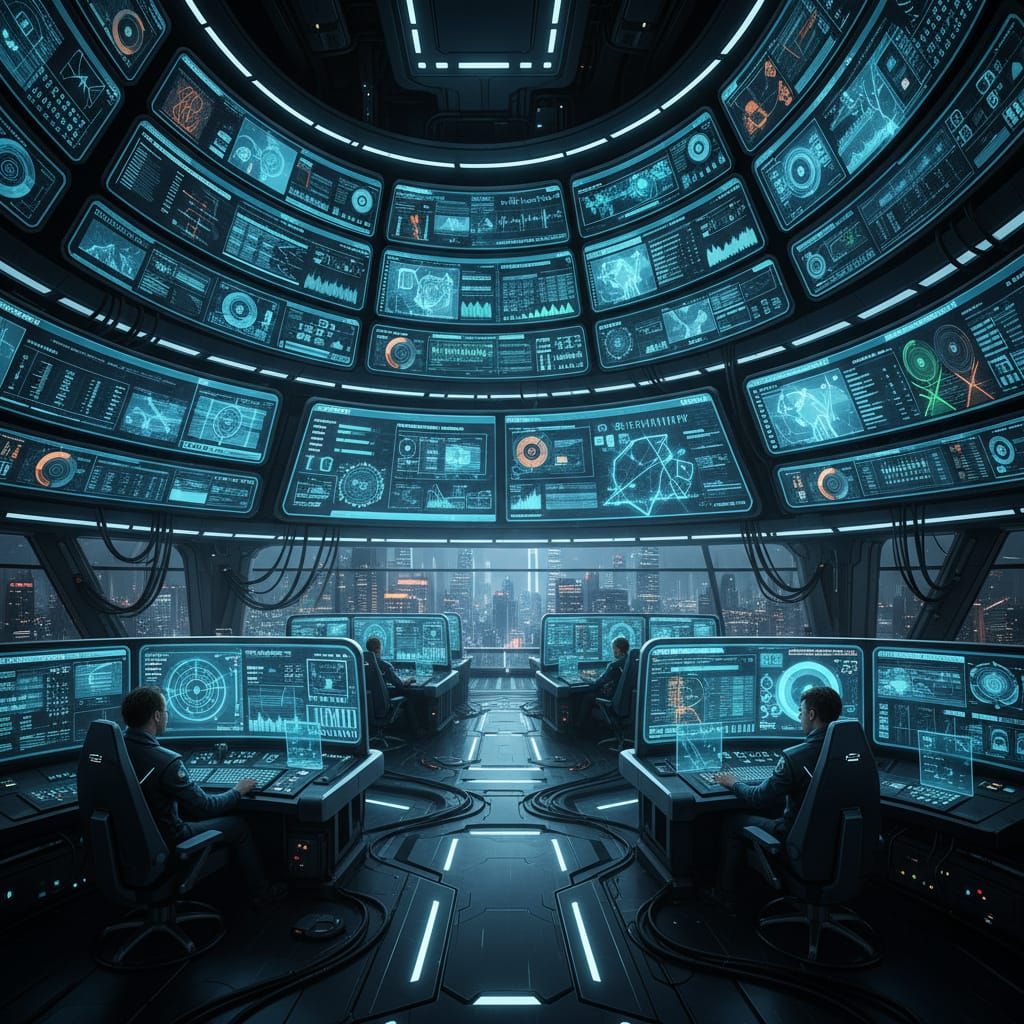 Futuristic Control Center with Data Displays