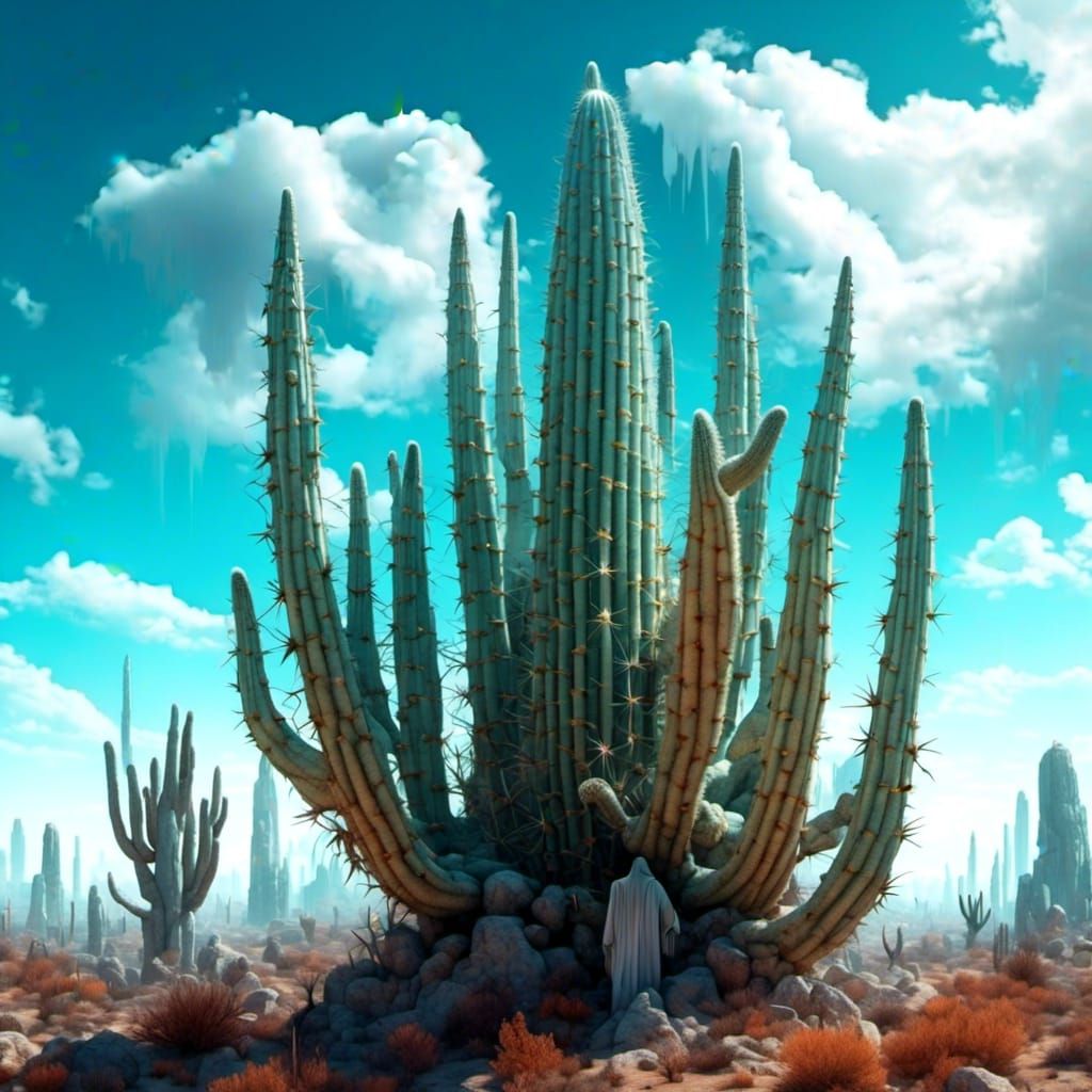 Heart Cactus with Spines and Clouds