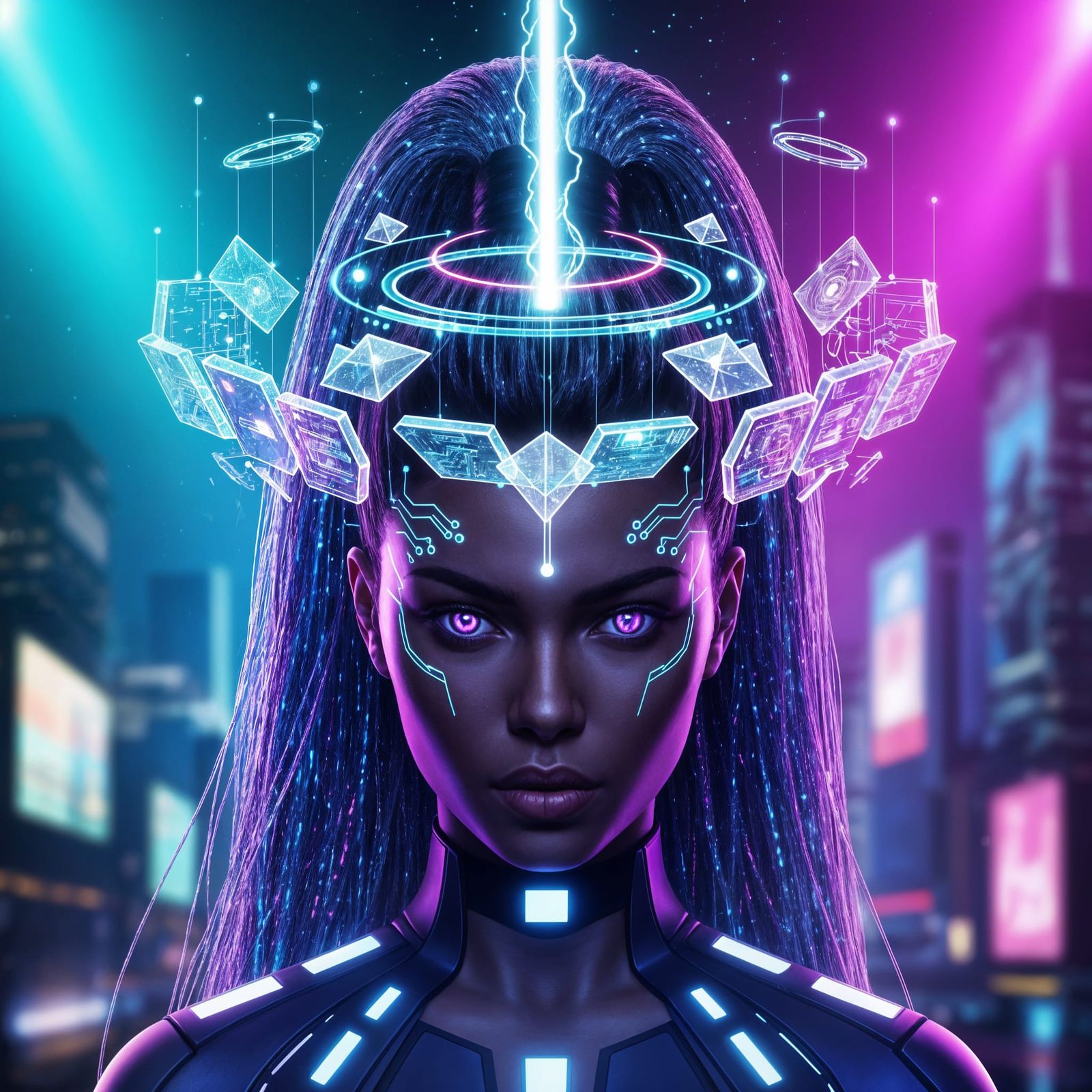 Cyberpunk Woman with Holographic Crown in Digital Art