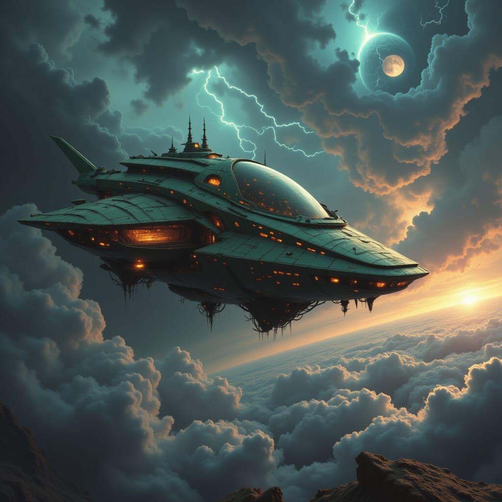 Alien Spaceship Over Stormy Planet in Galactic Scene