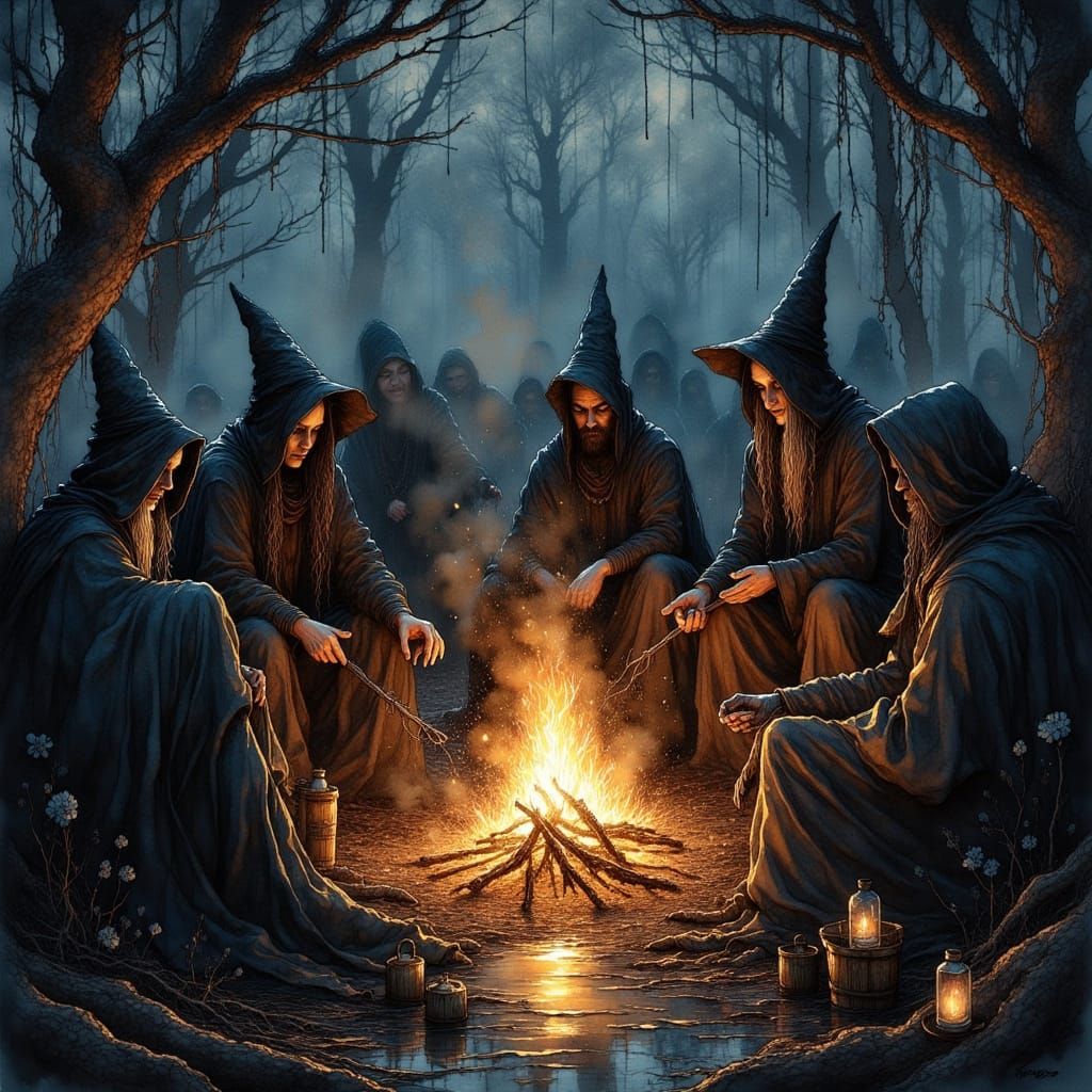 Witches Ritual in Dark Fantasy Forest Clearing