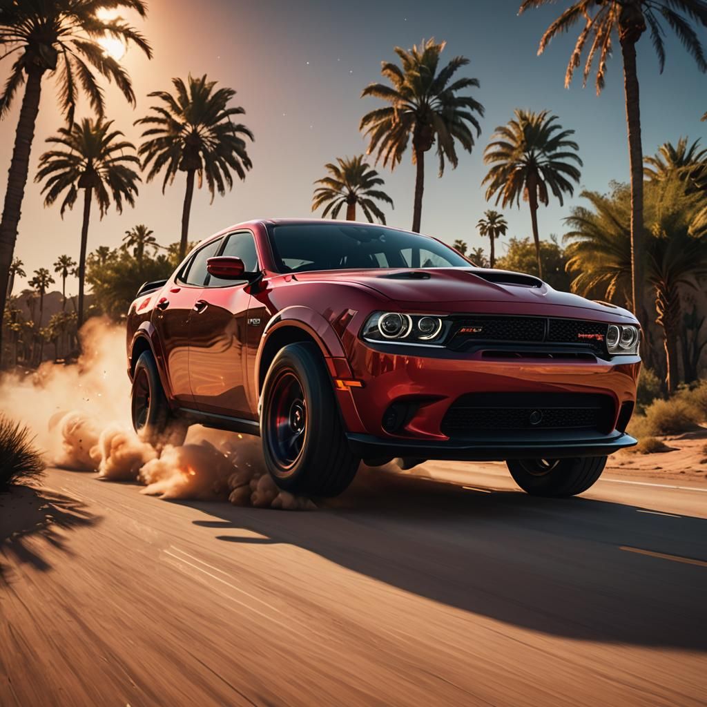 Red Dodge Hellcat Races Through Desert Night