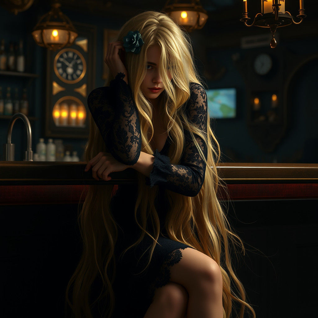 Blonde Woman in Lace Dress at Bar, Matte Painting