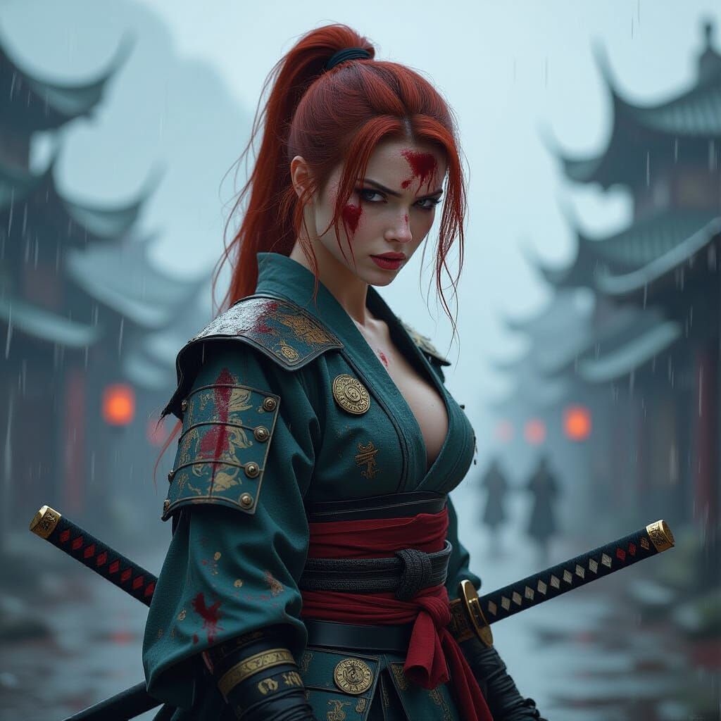 Furious Redhead Samurai in Rain-Soaked Battlefield