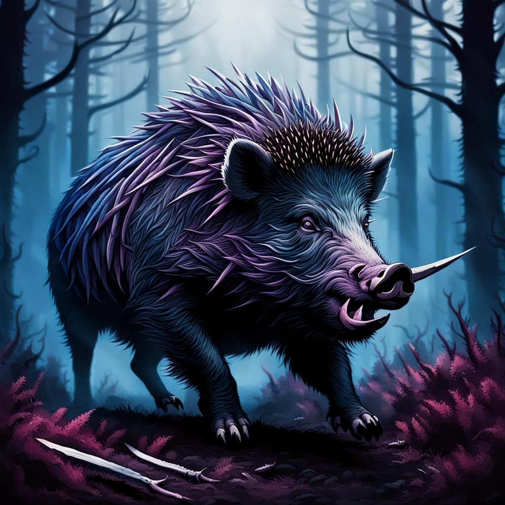 Boar-Hedgehog Fusion in Surrealist Horror Illustration