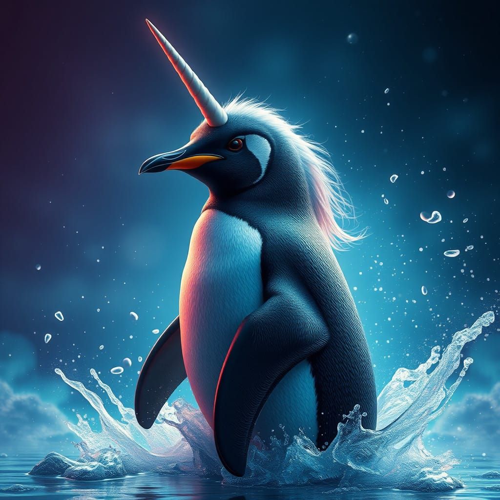 Surreal Penguin Unicorn in Vibrant Fantasy Realm