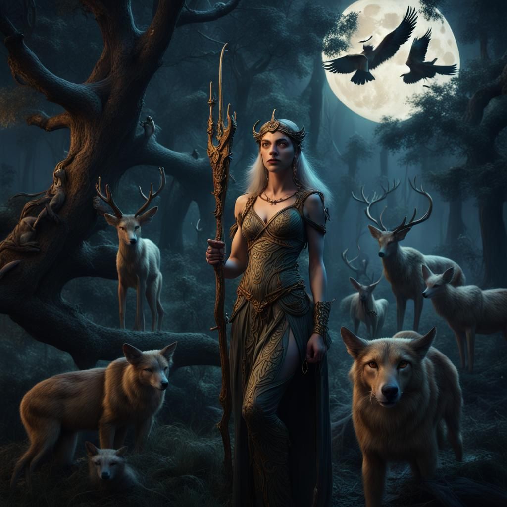 Artemis in Moonlit Forest: Fantasy Concept Art