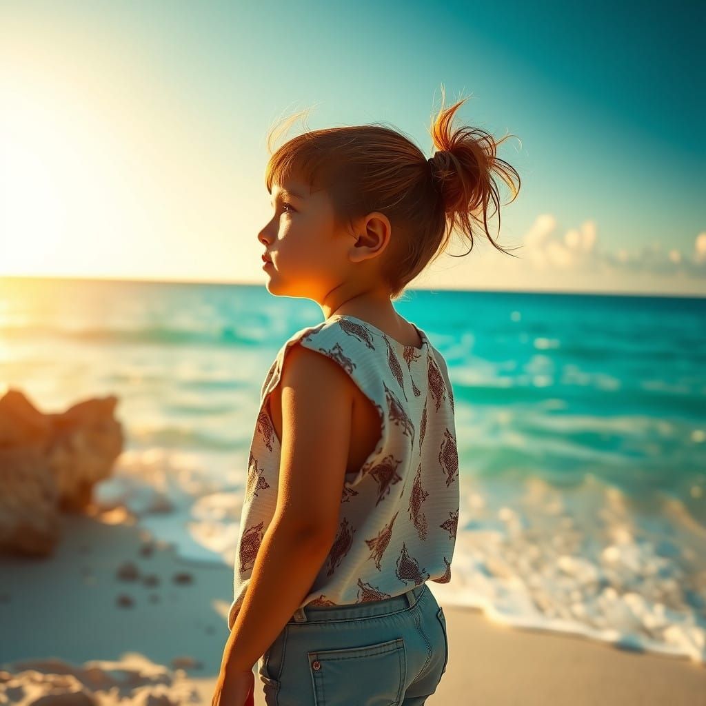 Serene Beach Scene Starring Young Boy and Girl in Photoreali...