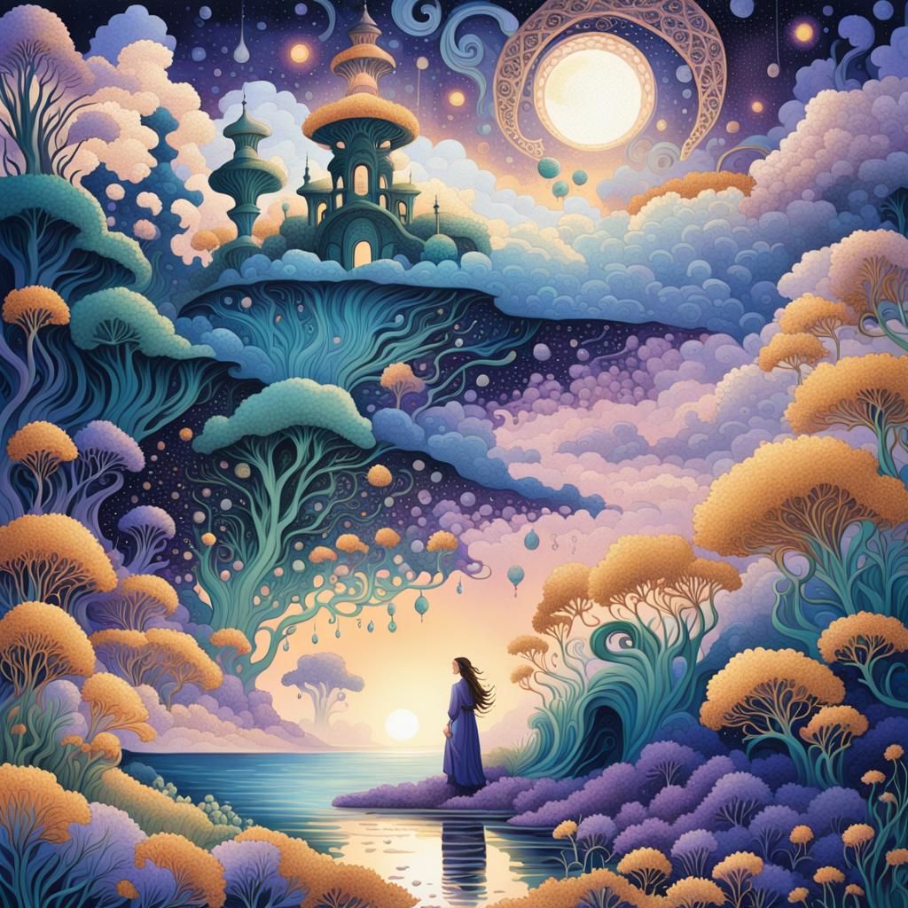 Woman in Vaporous Landscape with Art Nouveau Sky